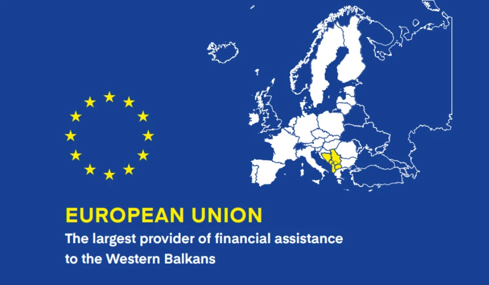 European Union map highlighting the Western Balkans, with EU flag and text stating EU is the largest provider of financial assistance to the region